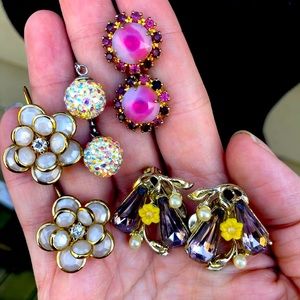 Estate Jewelry Vtg Aurora Borealis Pink Rhinestones Flowers Disco Ball Earrings